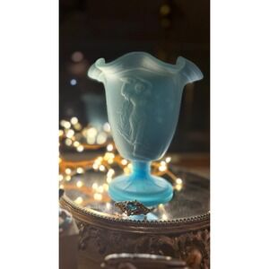 Fenton Dancing Ladies Vase Peking Blue Satin Footed Vase With Ruffled Rim